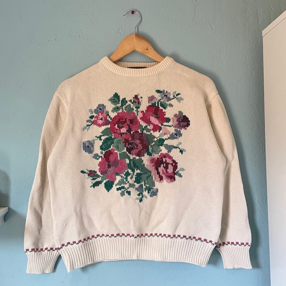 vintage eddie bauer embroidered floral cotton knit sweater. intricate intarsia